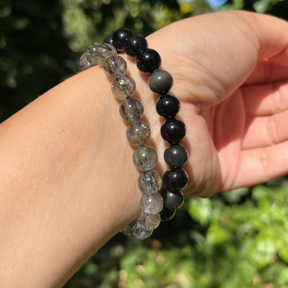 8mm rainbow‎ obsidian black rutilated quartz bracelet set